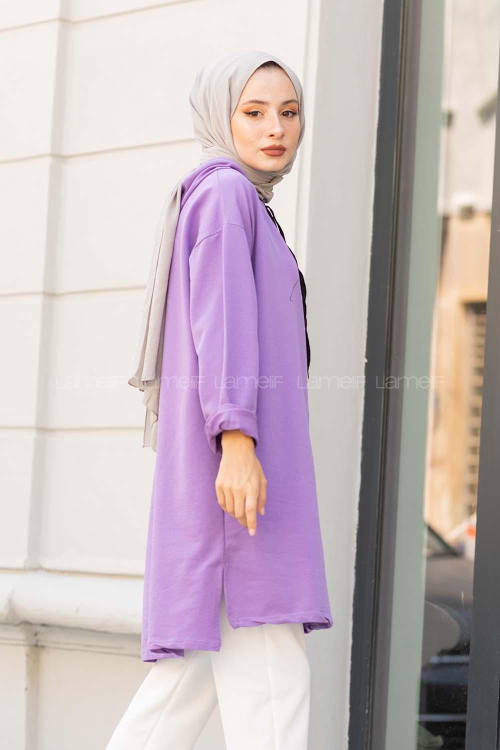 Modalamelif Kapşonlu İmza Baskılı Uzun Sweat Mor