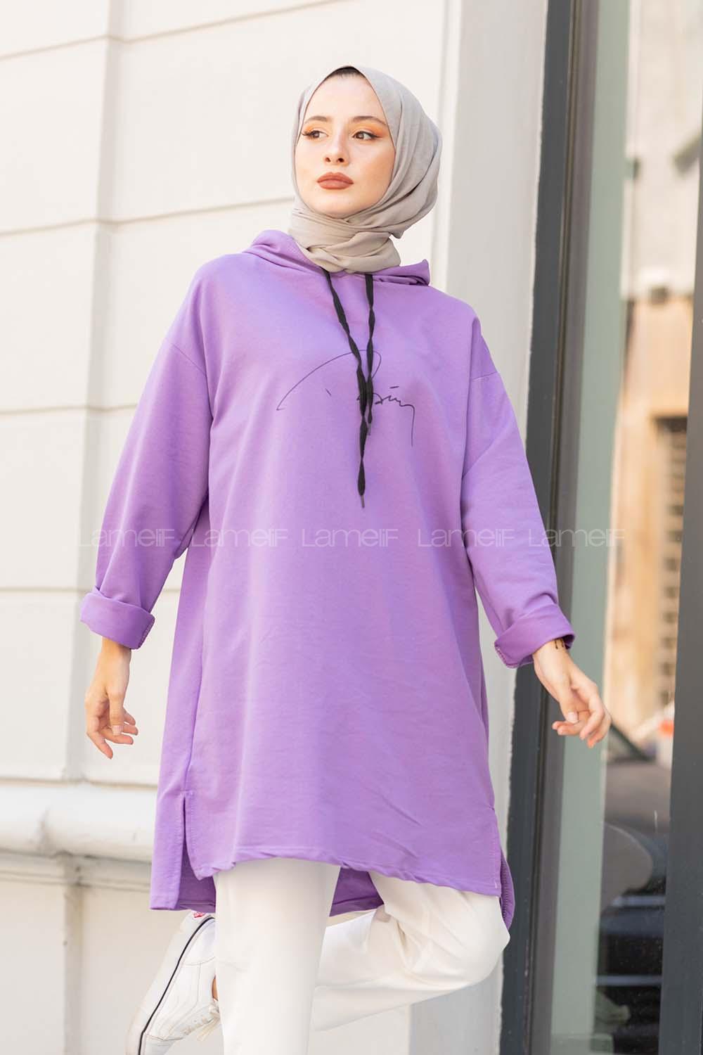 Modalamelif Kapşonlu İmza Baskılı Uzun Sweat Mor