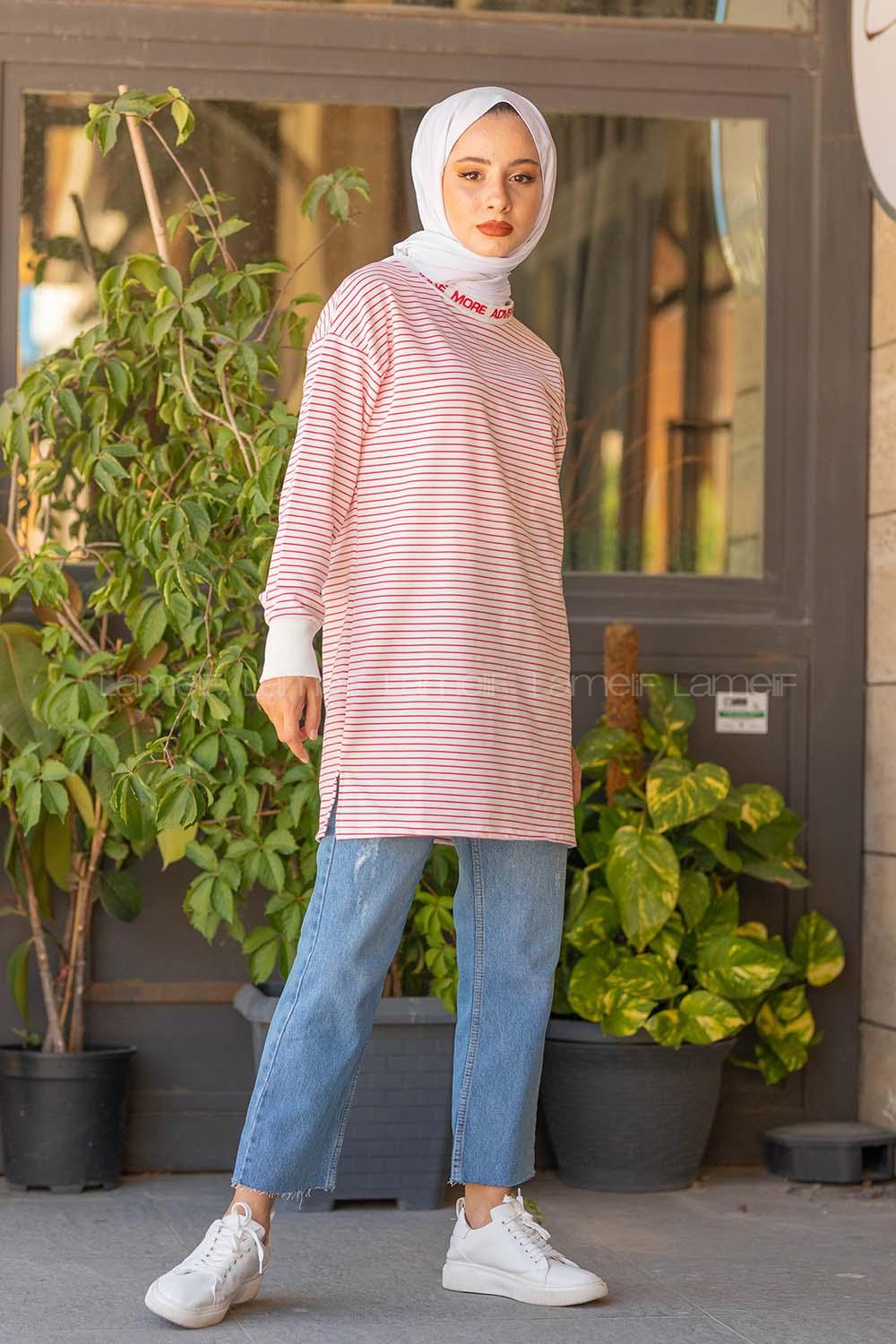 Modalamelif Yaka Nakışlı Çizgili Sweat Pembe