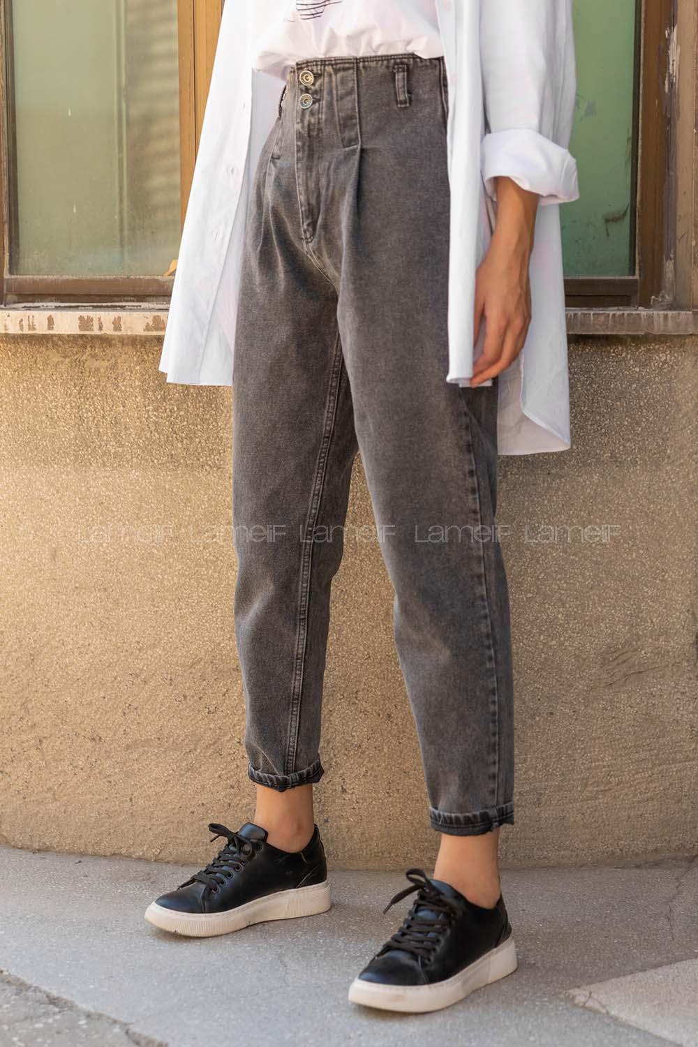 Modalamelif Yüksek Bel Çift Düğmeli Mom Jean Füme