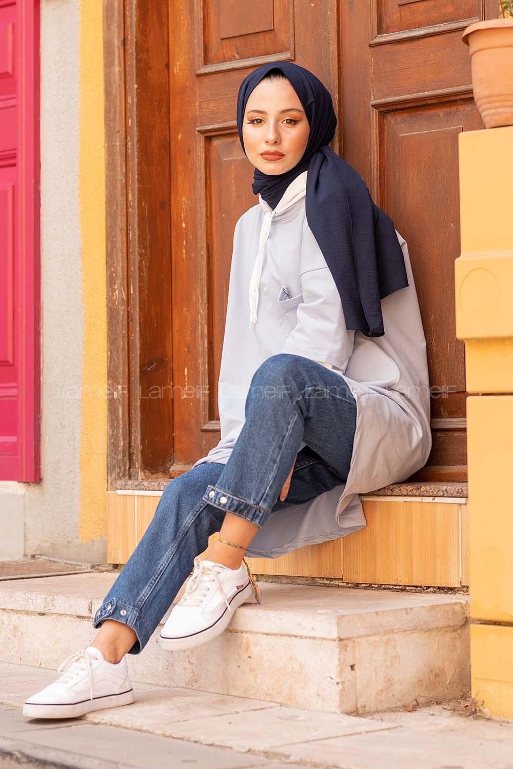 Modalamelif Kapşonlu Garnili Uzun Sweat Açık Mavi