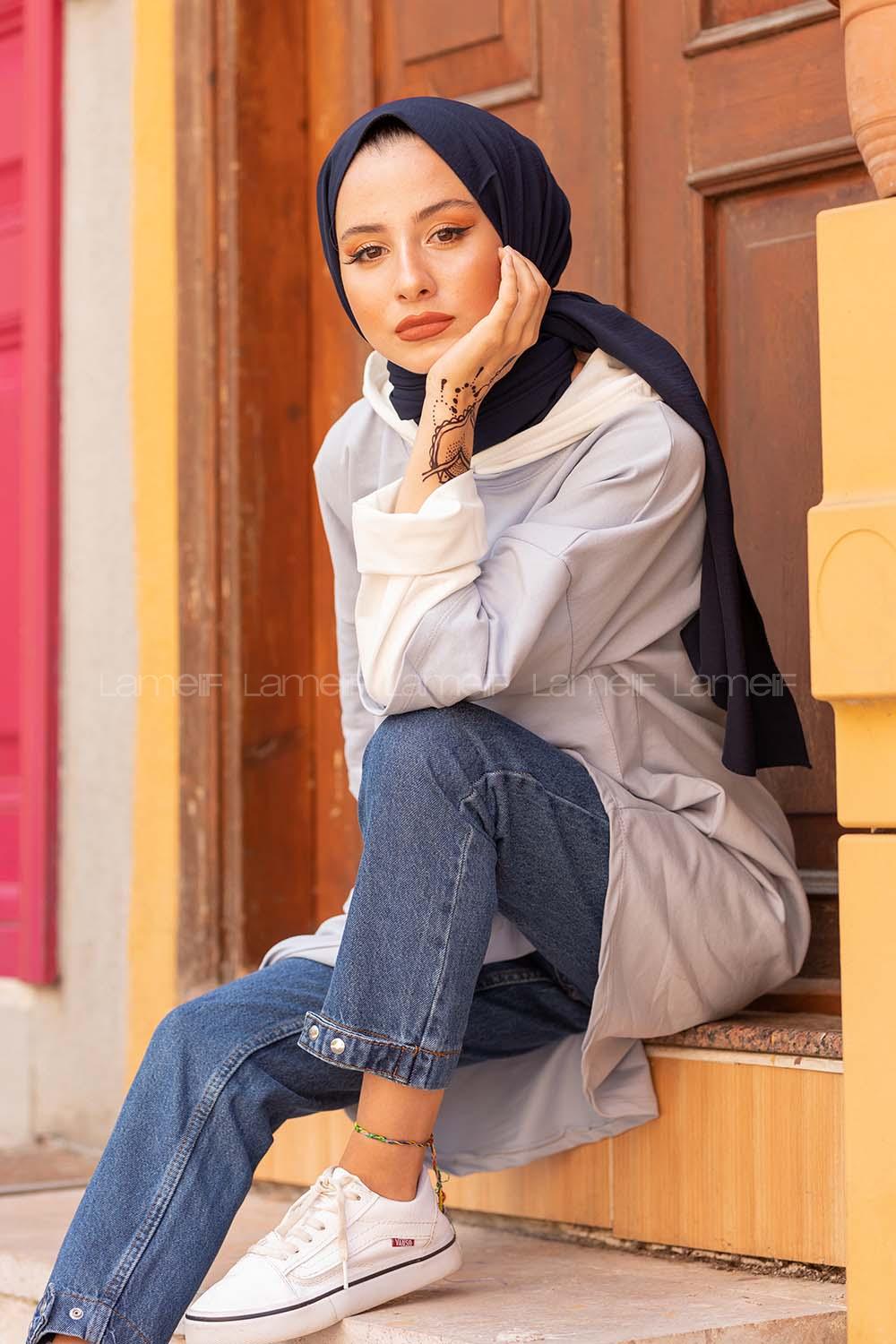 Modalamelif Kapşonlu Garnili Uzun Sweat Açık Mavi