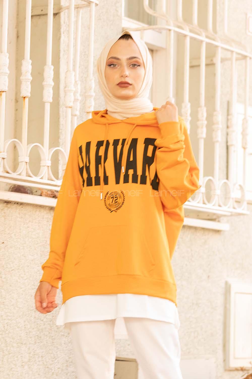 Modalamelif Kapşonlu Harward  Yazı Baskılı Sweat Hardal Sarısı
