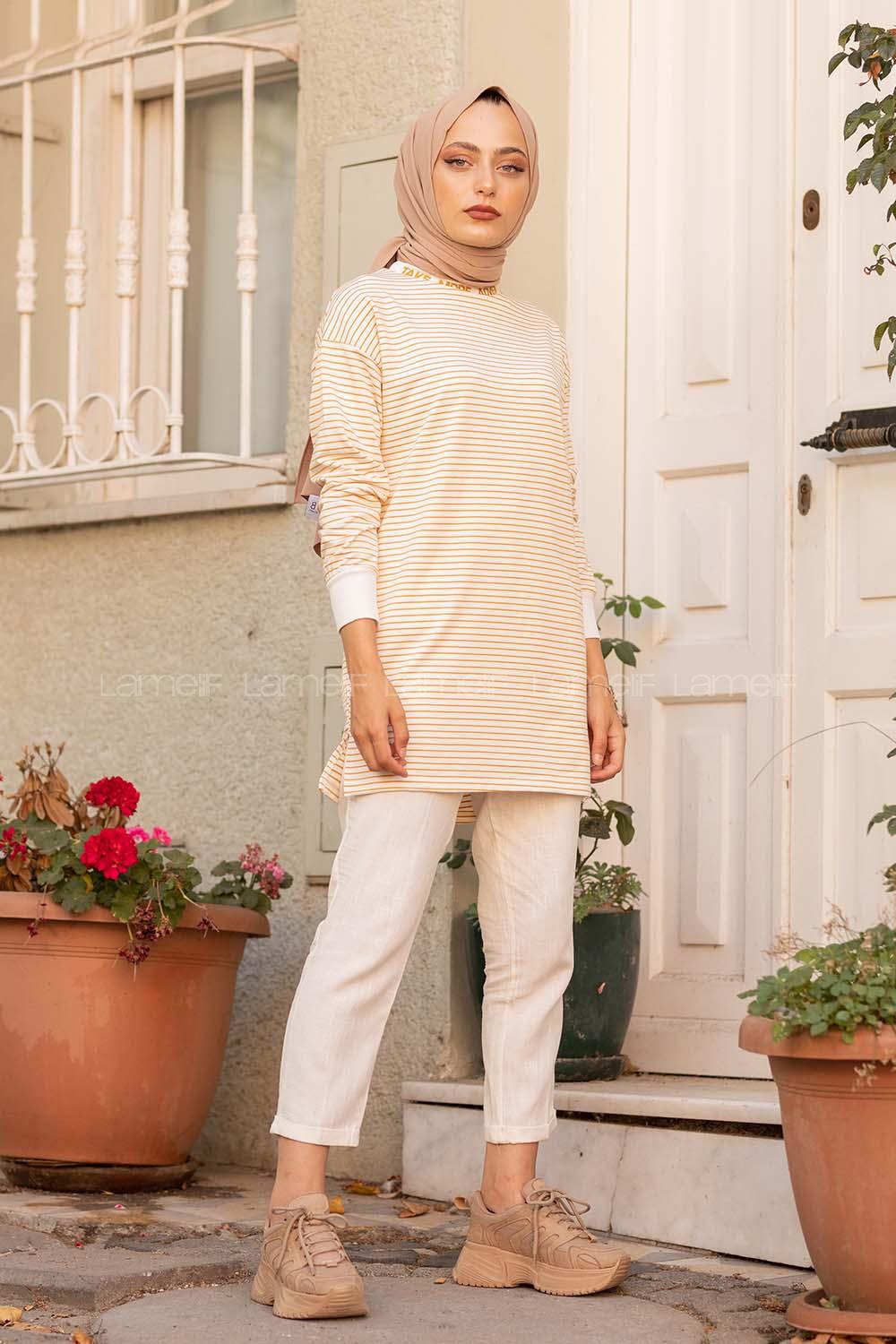 Modalamelif Yaka Nakışlı Çizgili Sweat Hardal Sarısı