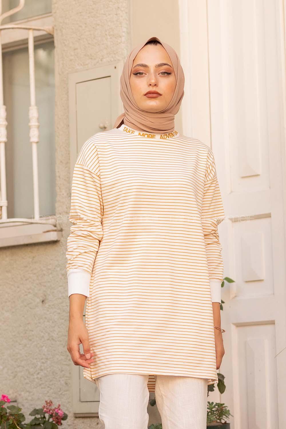 Modalamelif Yaka Nakışlı Çizgili Sweat Hardal Sarısı