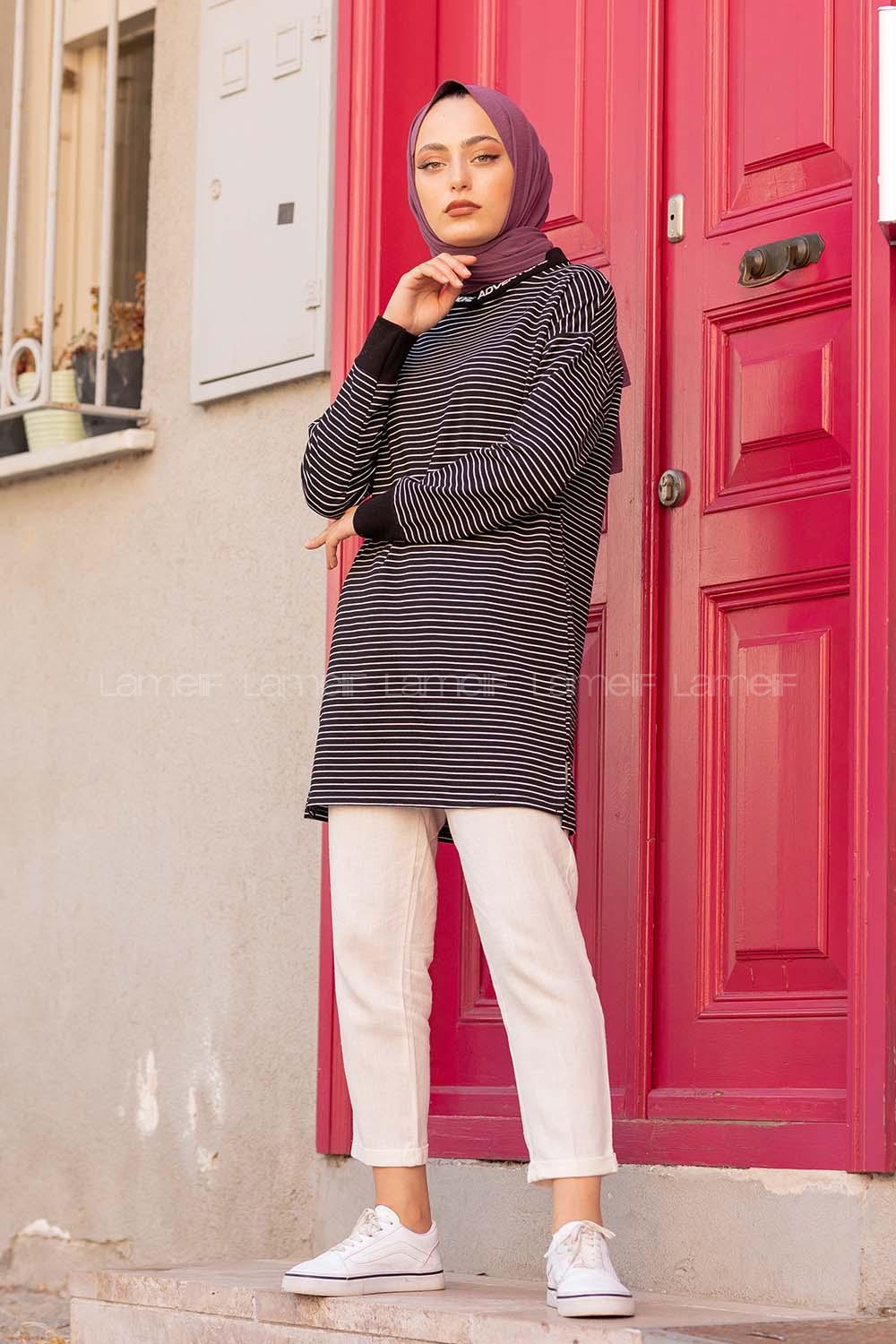 Modalamelif Yaka Nakışlı Çizgili Sweat Siyah