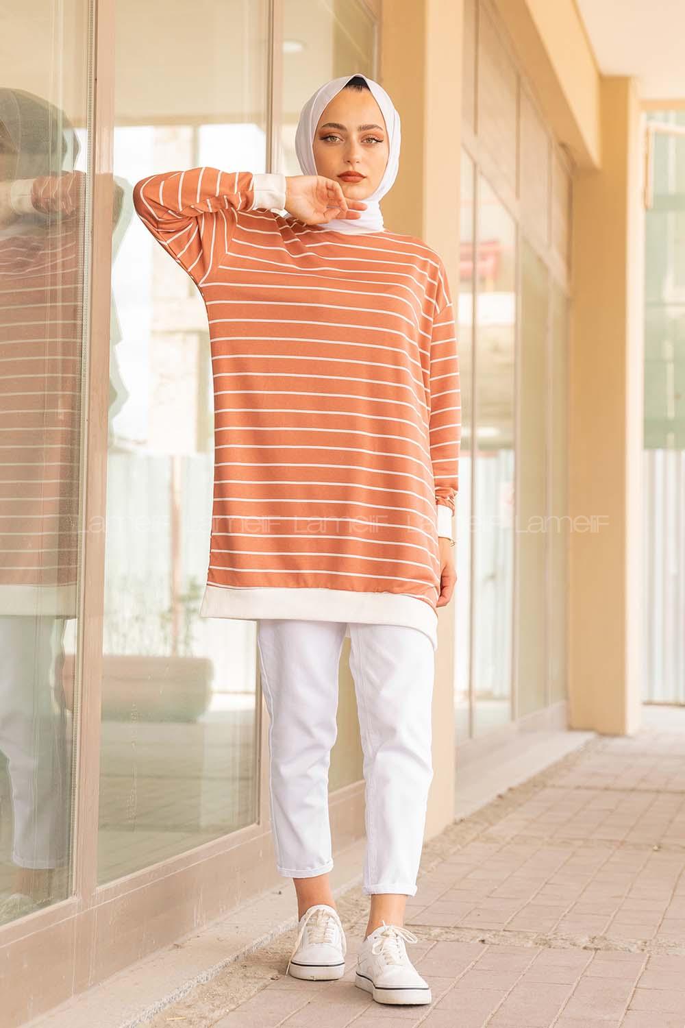 Modalamelif Bisiklet Yaka Çizgili Sweatshirt Gül