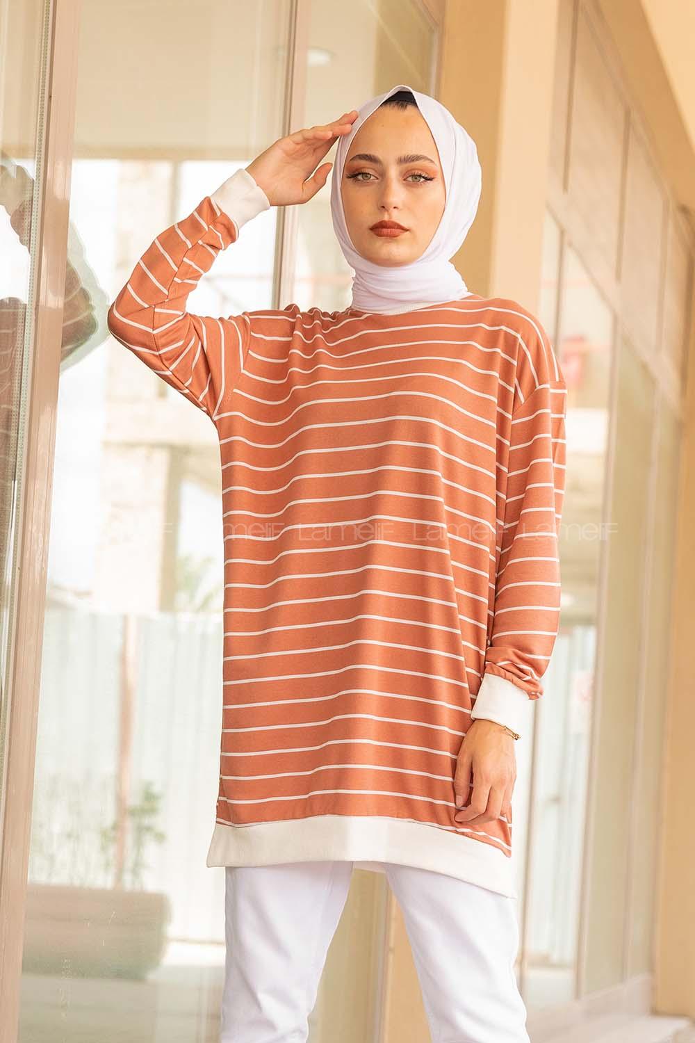 Modalamelif Bisiklet Yaka Çizgili Sweatshirt Gül