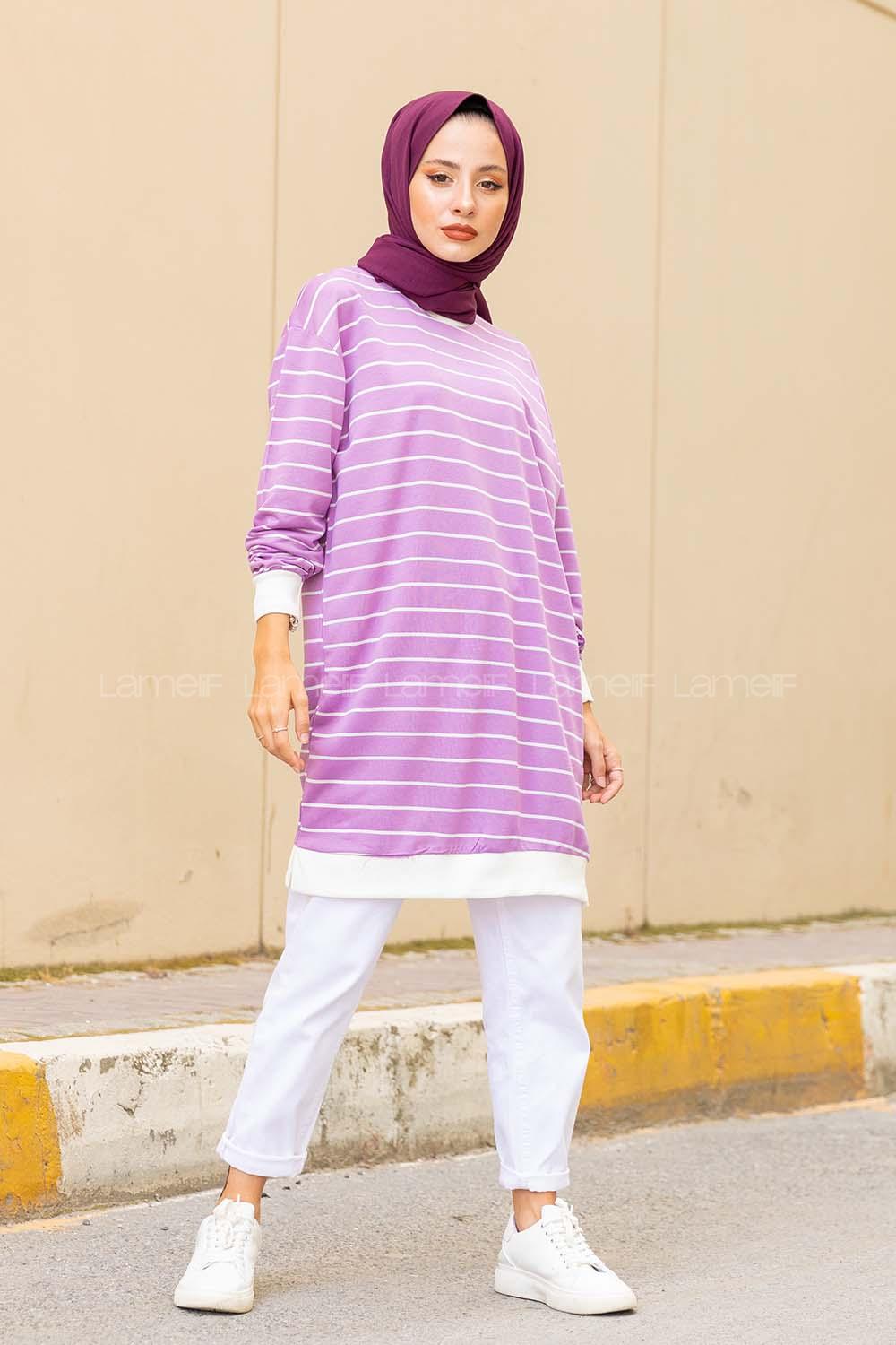 Modalamelif Bisiklet Yaka Çizgili Sweatshirt Lila