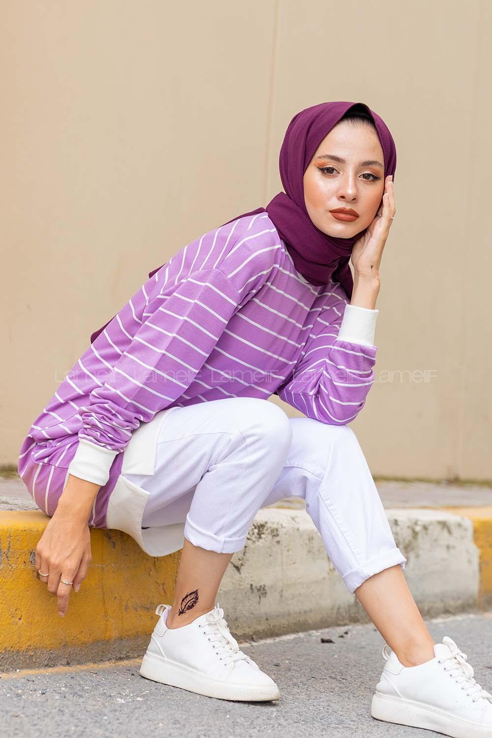 Modalamelif Bisiklet Yaka Çizgili Sweatshirt Lila