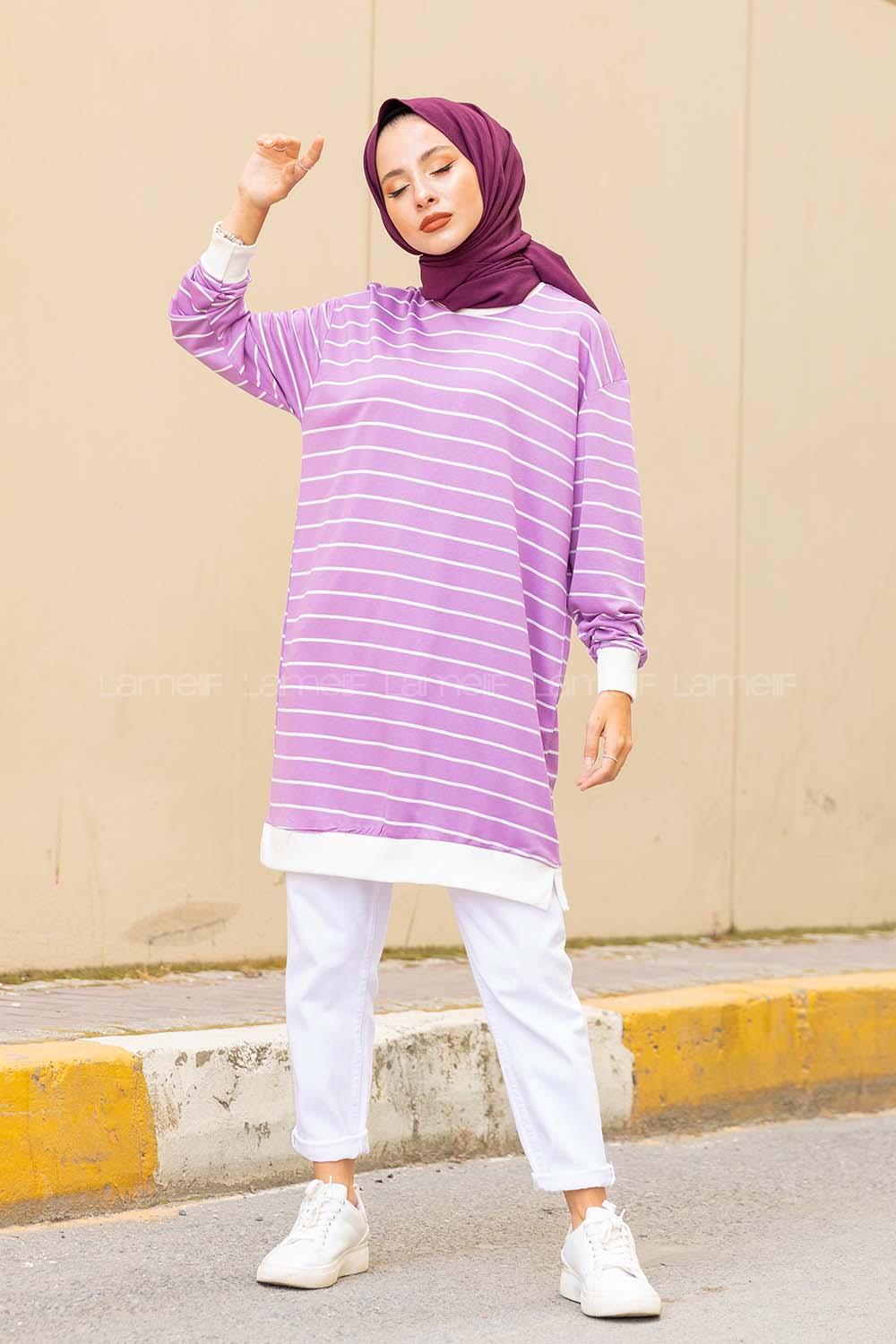 Modalamelif Bisiklet Yaka Çizgili Sweatshirt Lila