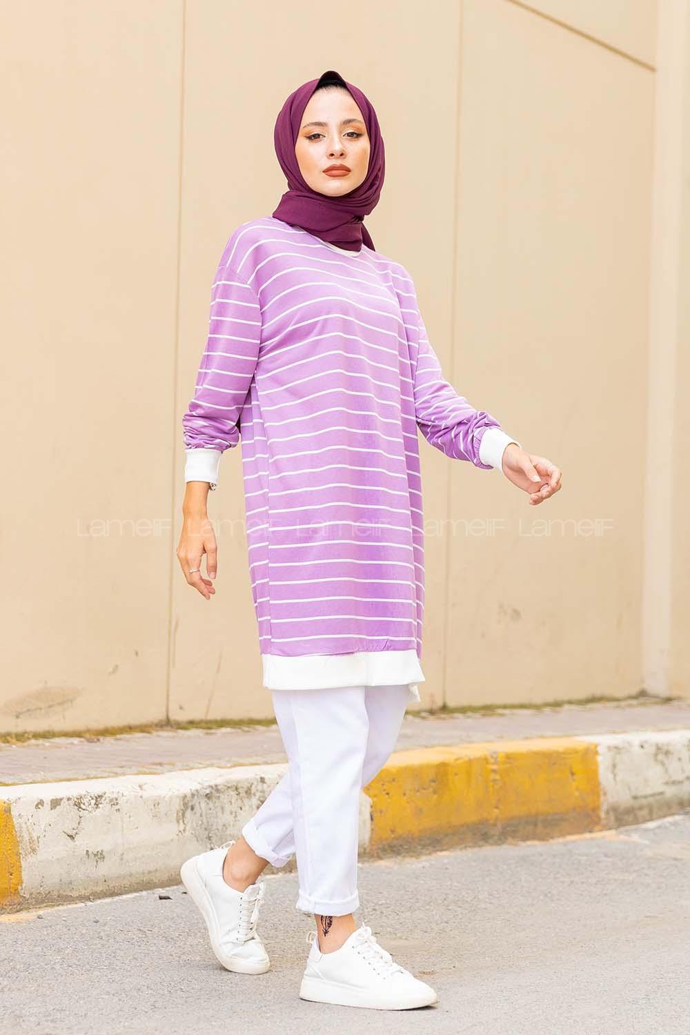 Modalamelif Bisiklet Yaka Çizgili Sweatshirt Lila