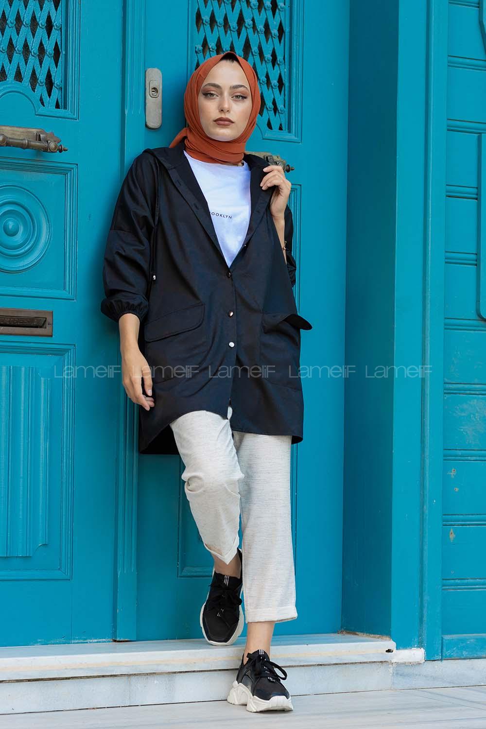 Modalamelif Kol Lastikli Kapşonlu Kap Siyah