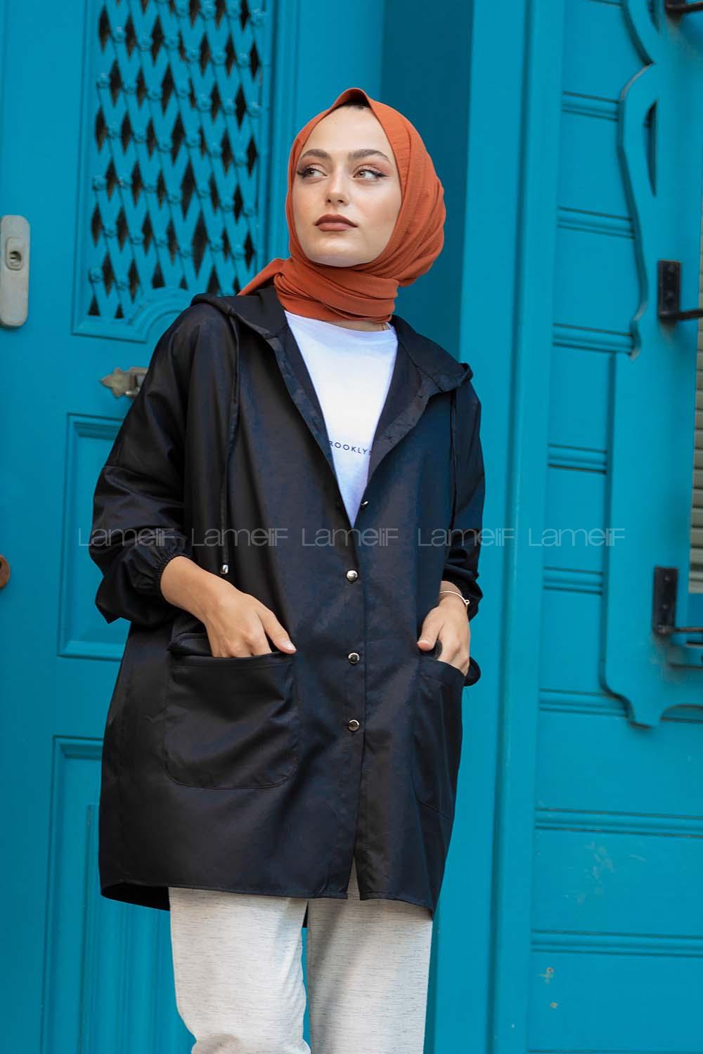 Modalamelif Kol Lastikli Kapşonlu Kap Siyah