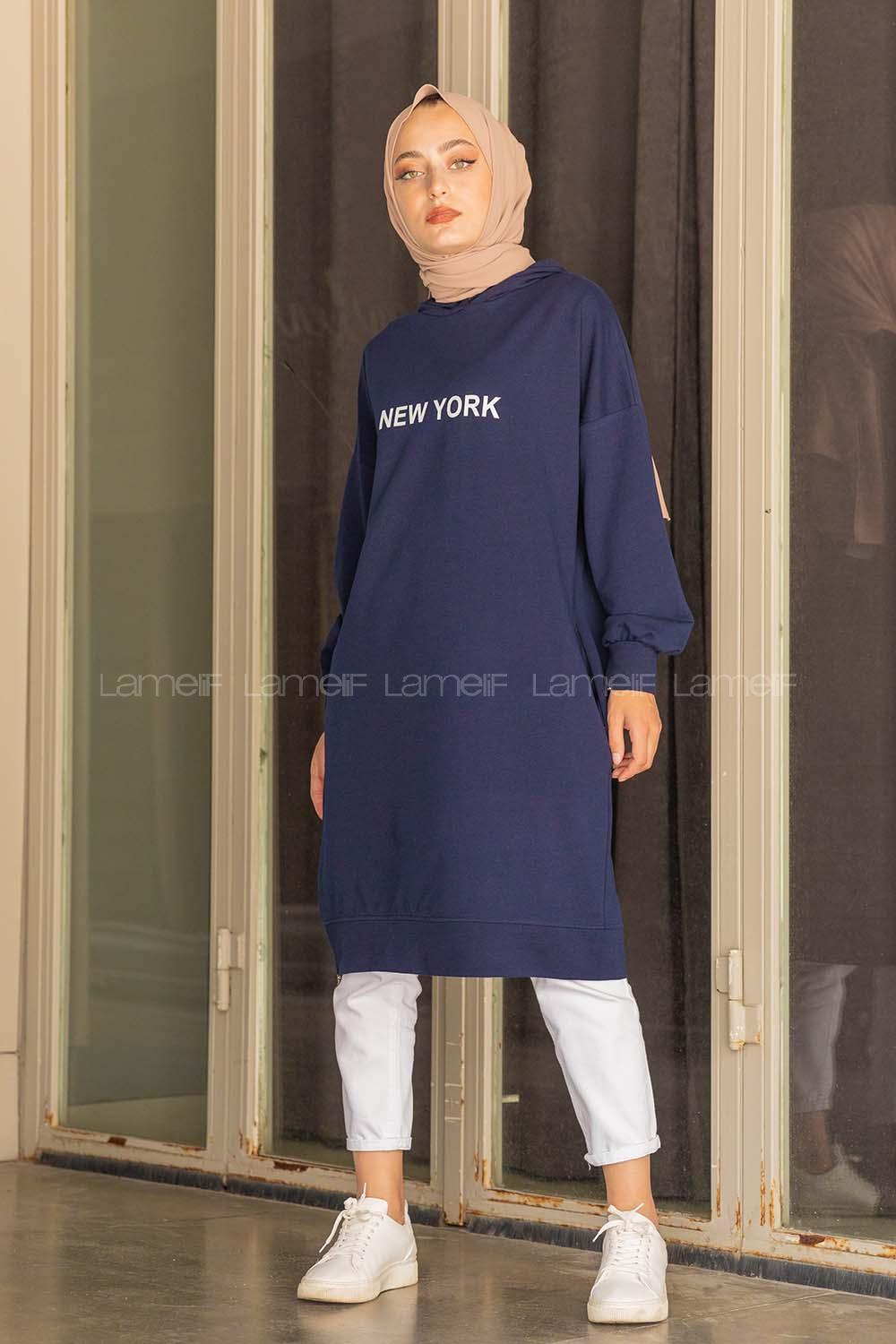 Modalamelif New York Baskılı Uzun Sweatshirt Lacivert