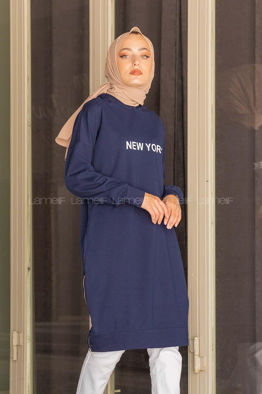 Modalamelif New York Baskılı Uzun Sweatshirt Lacivert