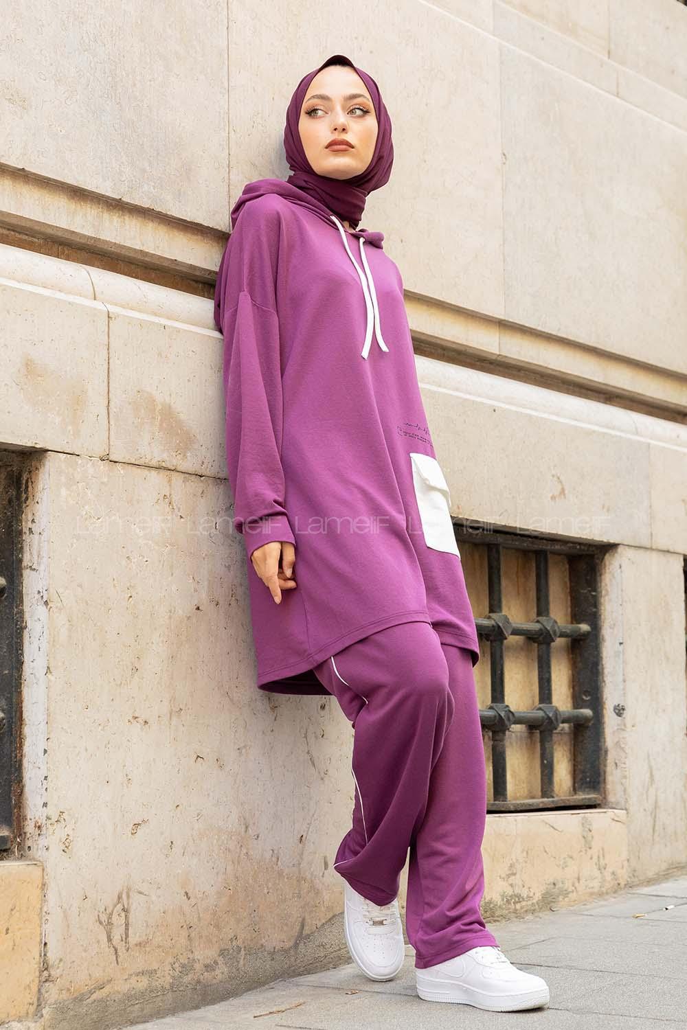 Modalamelif Kapşonlu Garni Cepli İkili Takım Mor