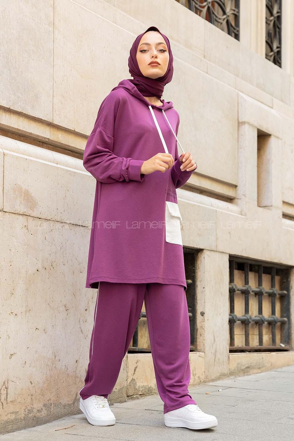 Modalamelif Kapşonlu Garni Cepli İkili Takım Mor