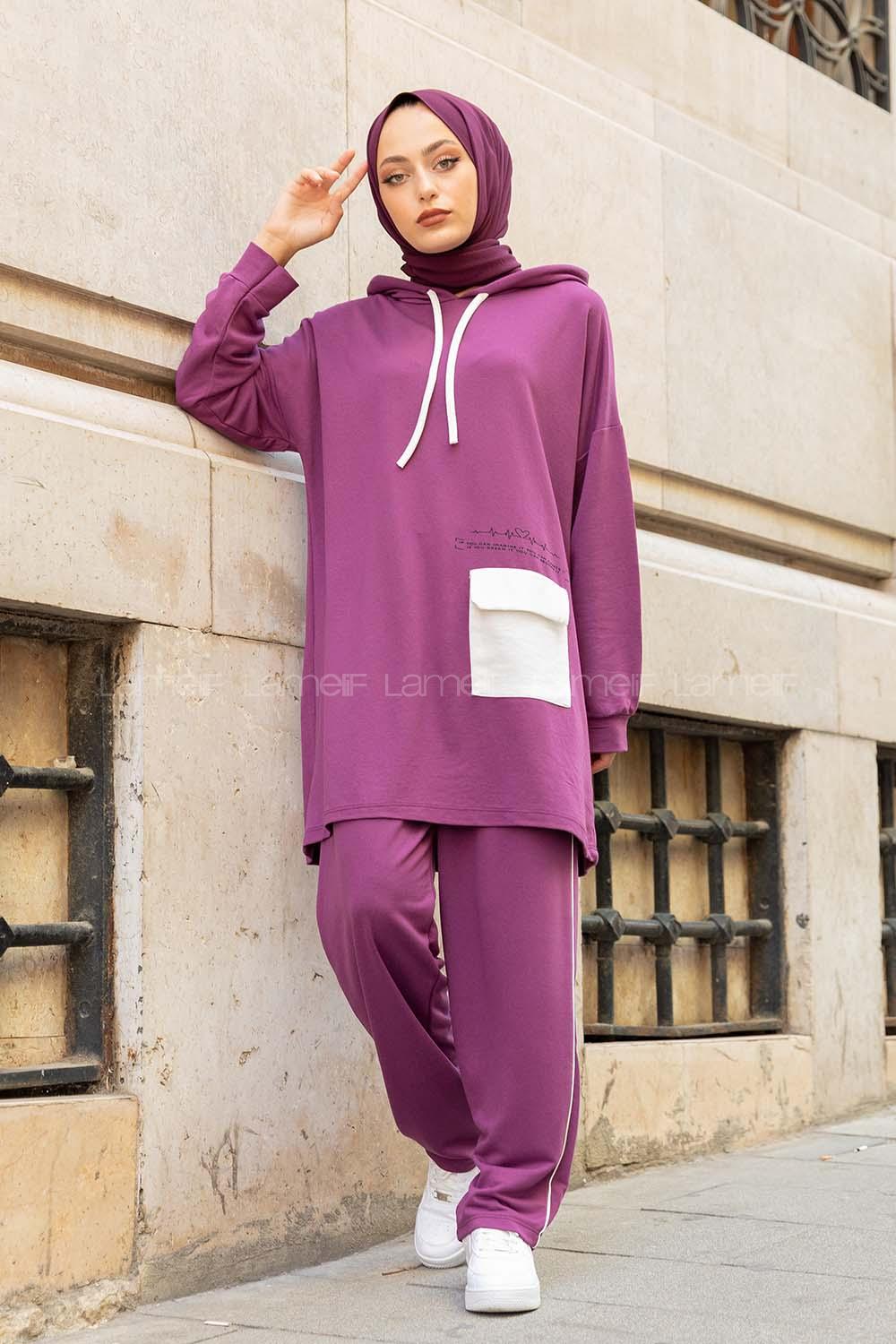 Modalamelif Kapşonlu Garni Cepli İkili Takım Mor