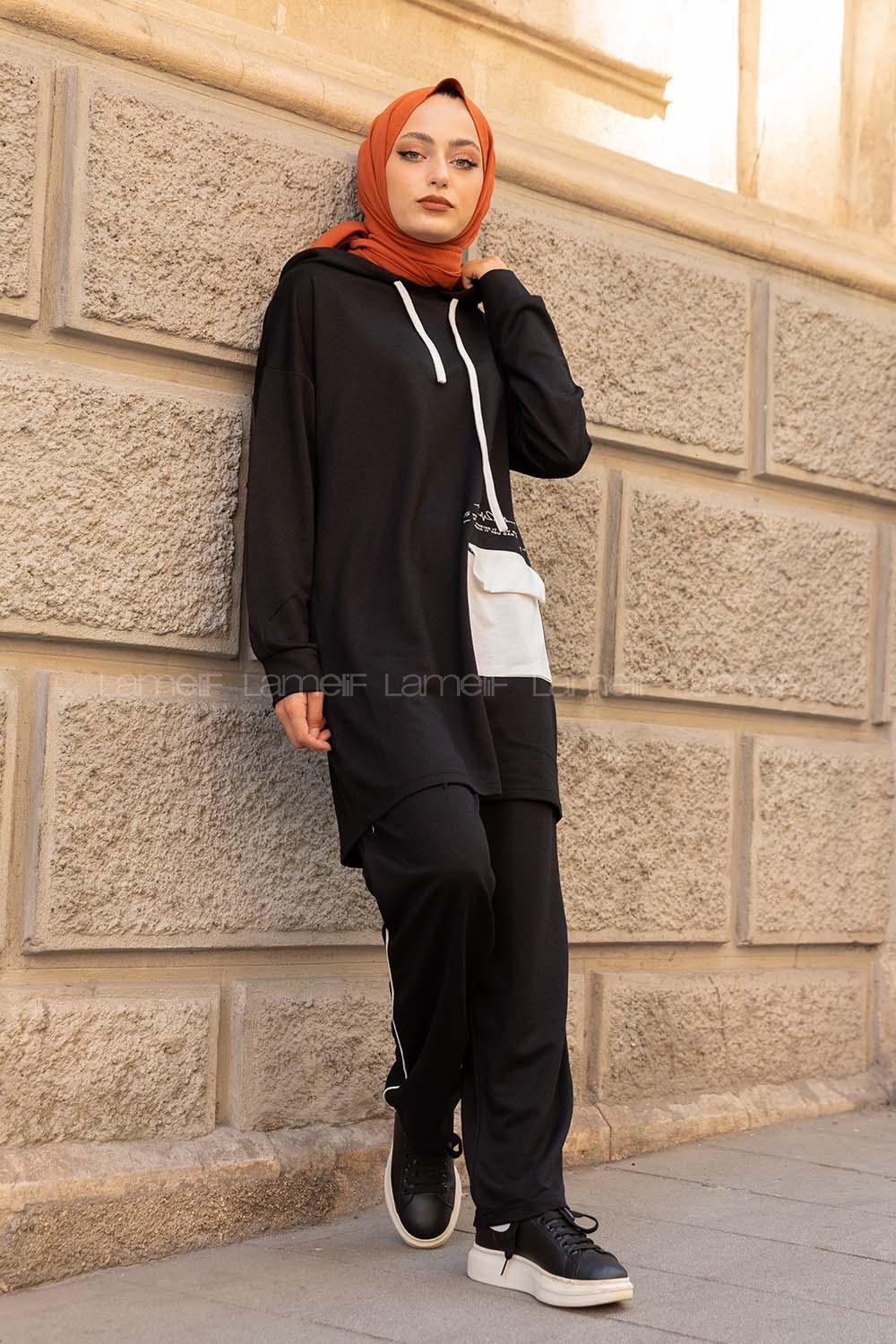 Modalamelif Kapşonlu Garni Cepli İkili Takım Siyah