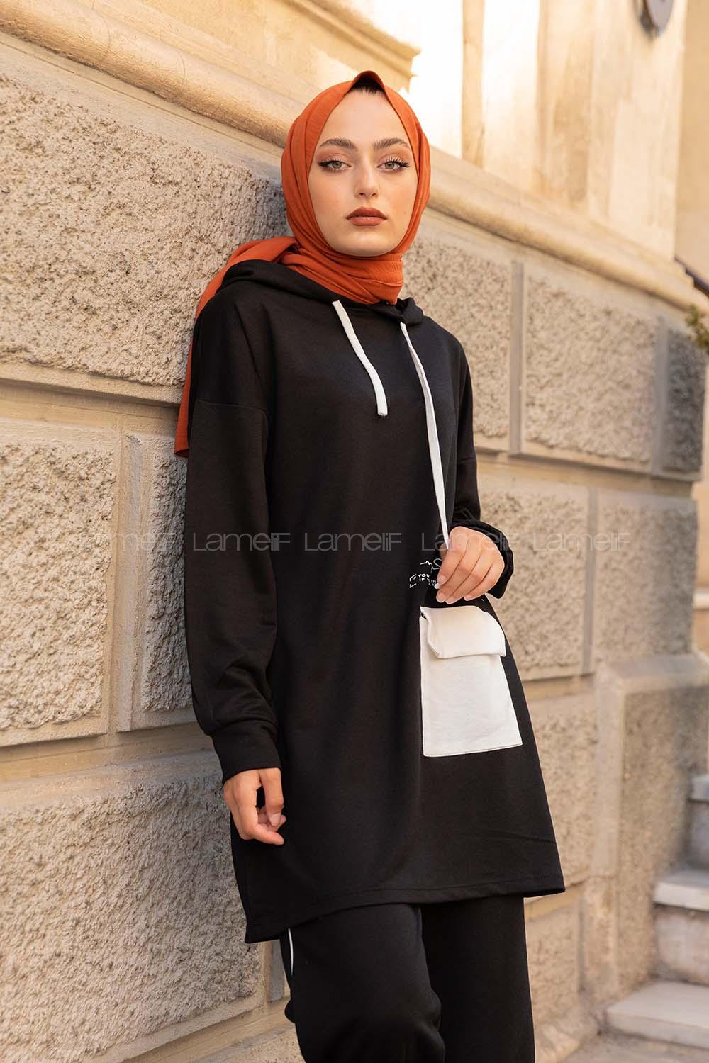 Modalamelif Kapşonlu Garni Cepli İkili Takım Siyah