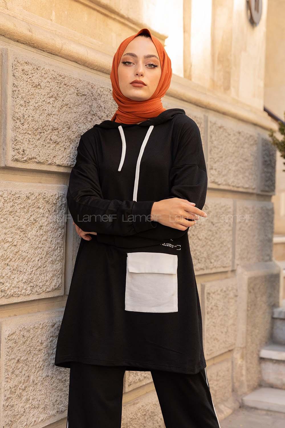 Modalamelif Kapşonlu Garni Cepli İkili Takım Siyah