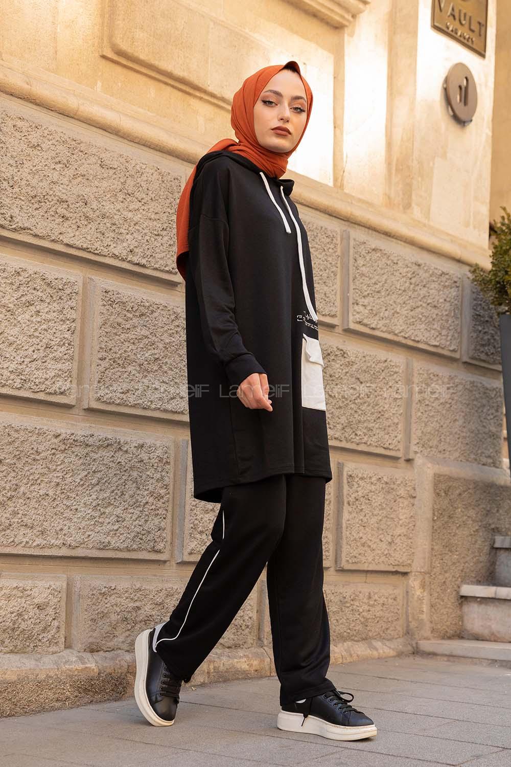 Modalamelif Kapşonlu Garni Cepli İkili Takım Siyah