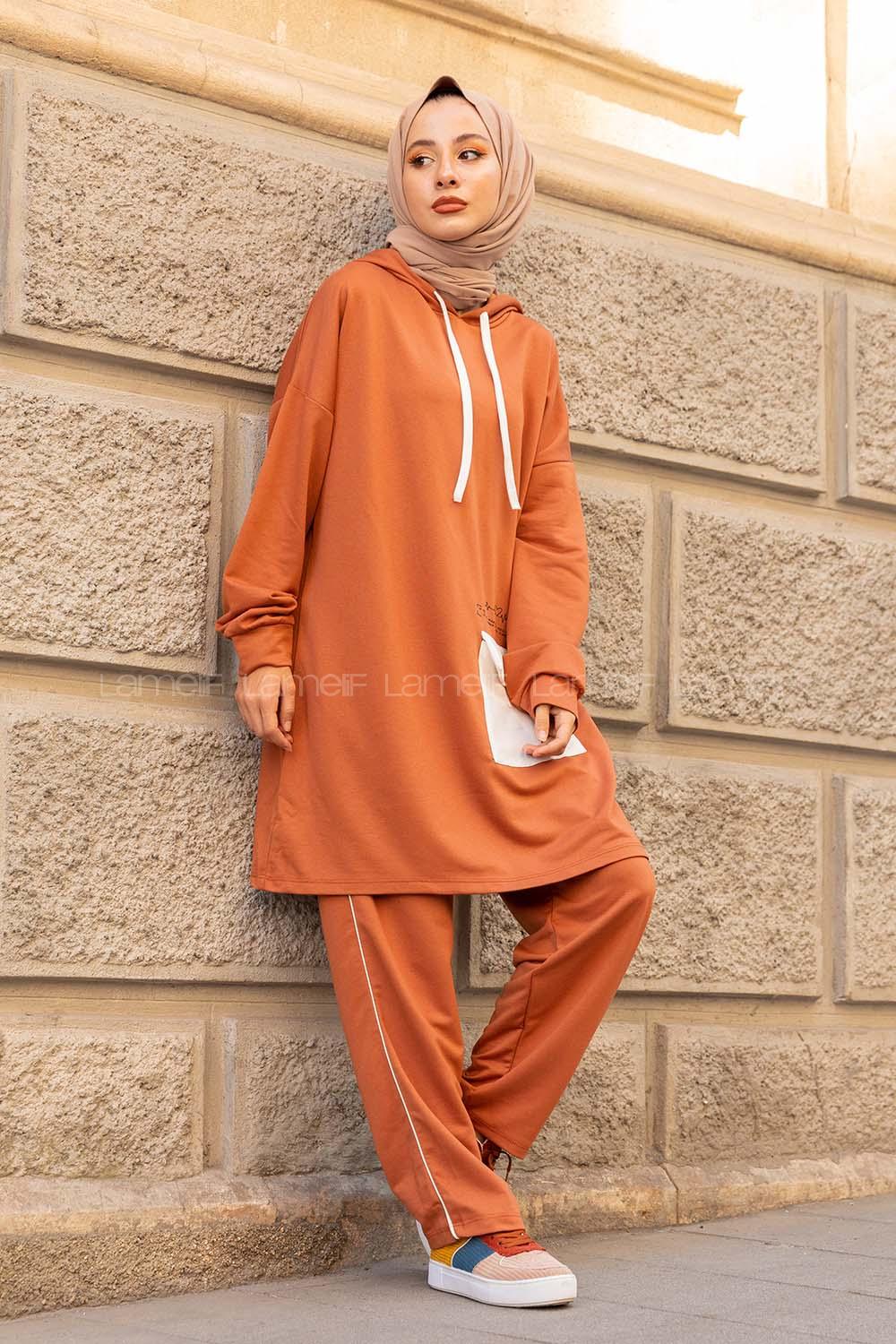 Modalamelif Kapşonlu Garni Cepli İkili Takım Taba