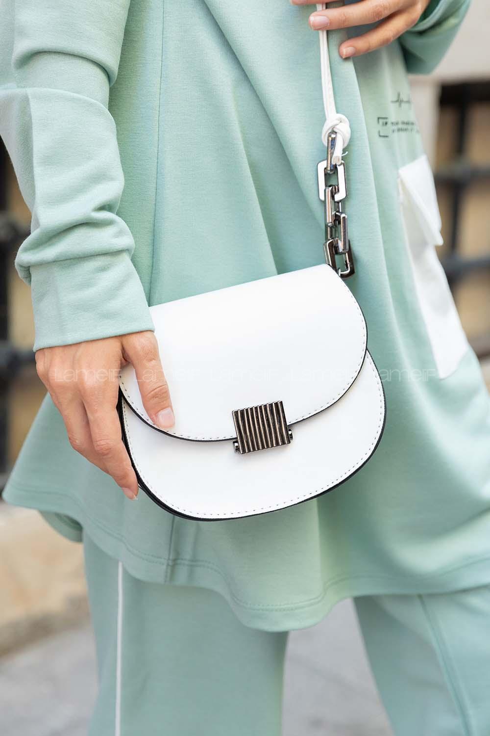 Modalamelif Metal Kilit Düz Renk Çapraz Çanta Beyaz