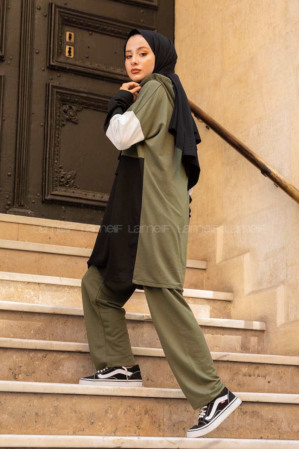 Modalamelif Önü Yarım Düğmeli Garnili Takım Haki