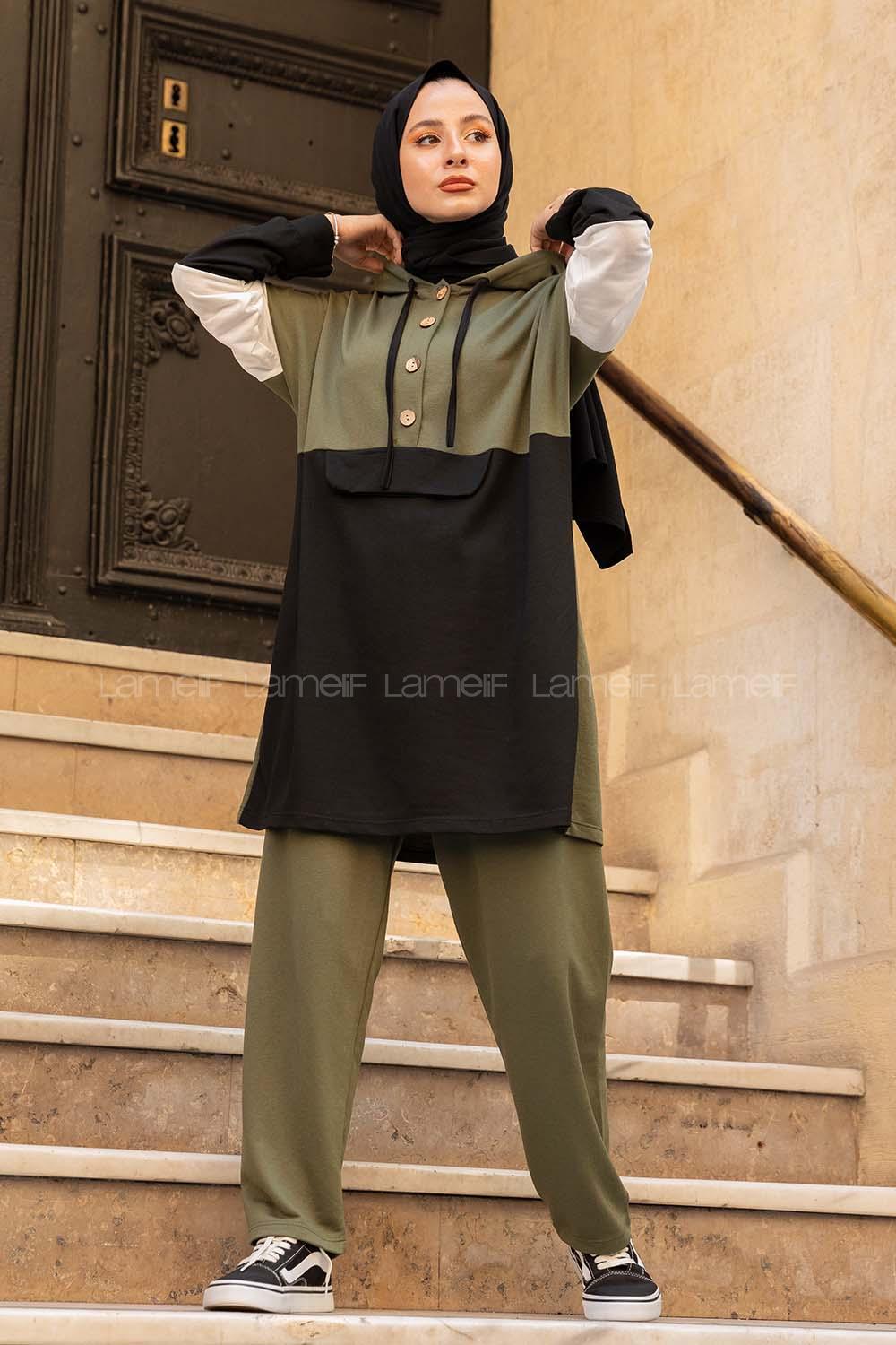 Modalamelif Önü Yarım Düğmeli Garnili Takım Haki