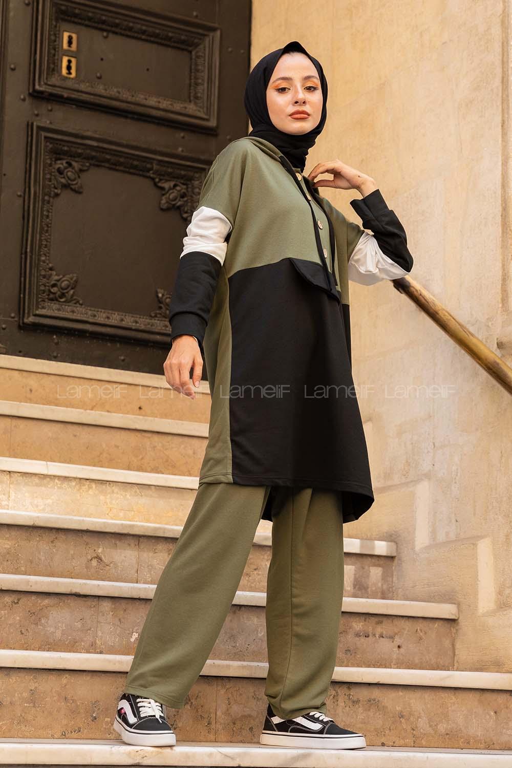 Modalamelif Önü Yarım Düğmeli Garnili Takım Haki