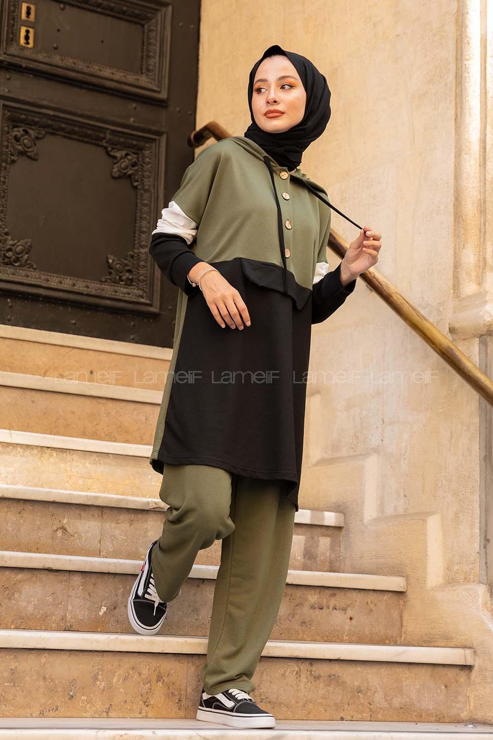 Modalamelif Önü Yarım Düğmeli Garnili Takım Haki