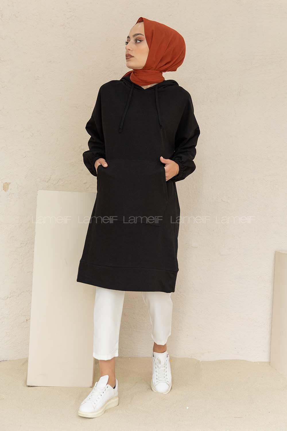 Modalamelif Kol Lastikli Kaguru Cep Tunik Siyah