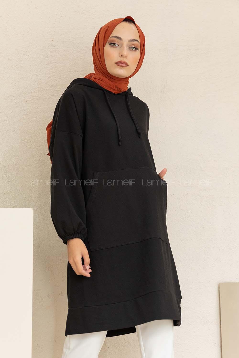 Modalamelif Kol Lastikli Kaguru Cep Tunik Siyah