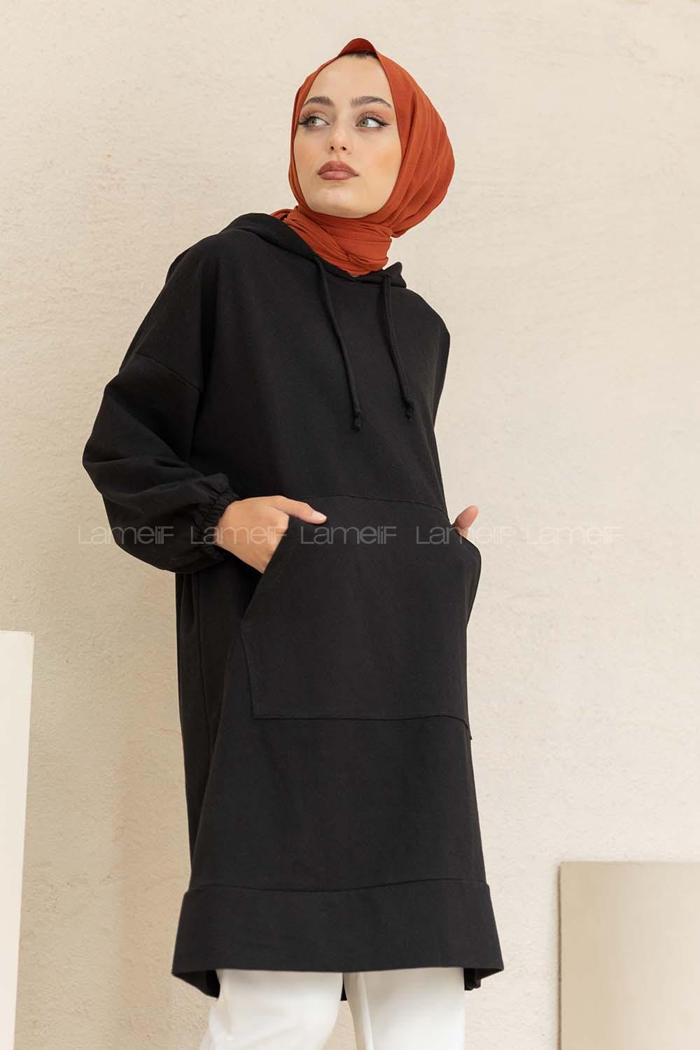 Modalamelif Kol Lastikli Kaguru Cep Tunik Siyah