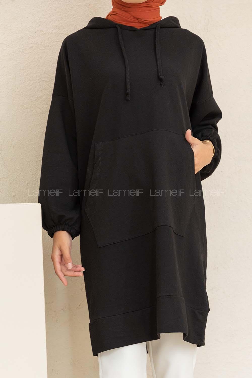 Modalamelif Kol Lastikli Kaguru Cep Tunik Siyah