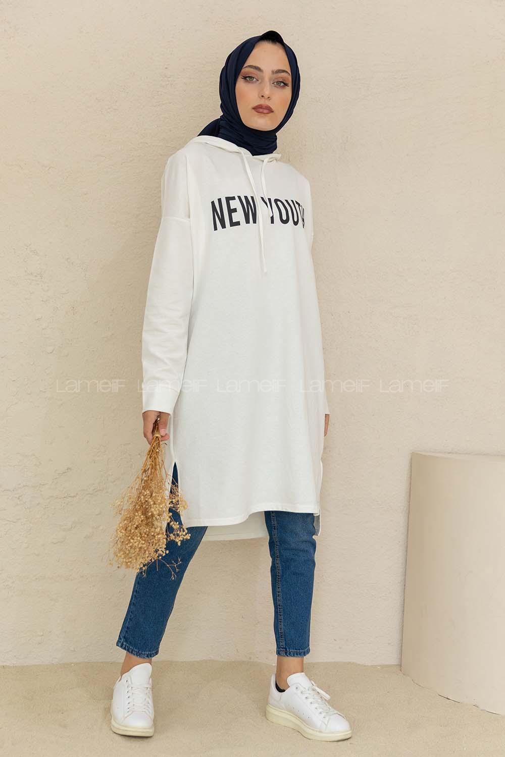 Modalamelif Yırtmaçlı New Youth Baskılı Tunik Beyaz