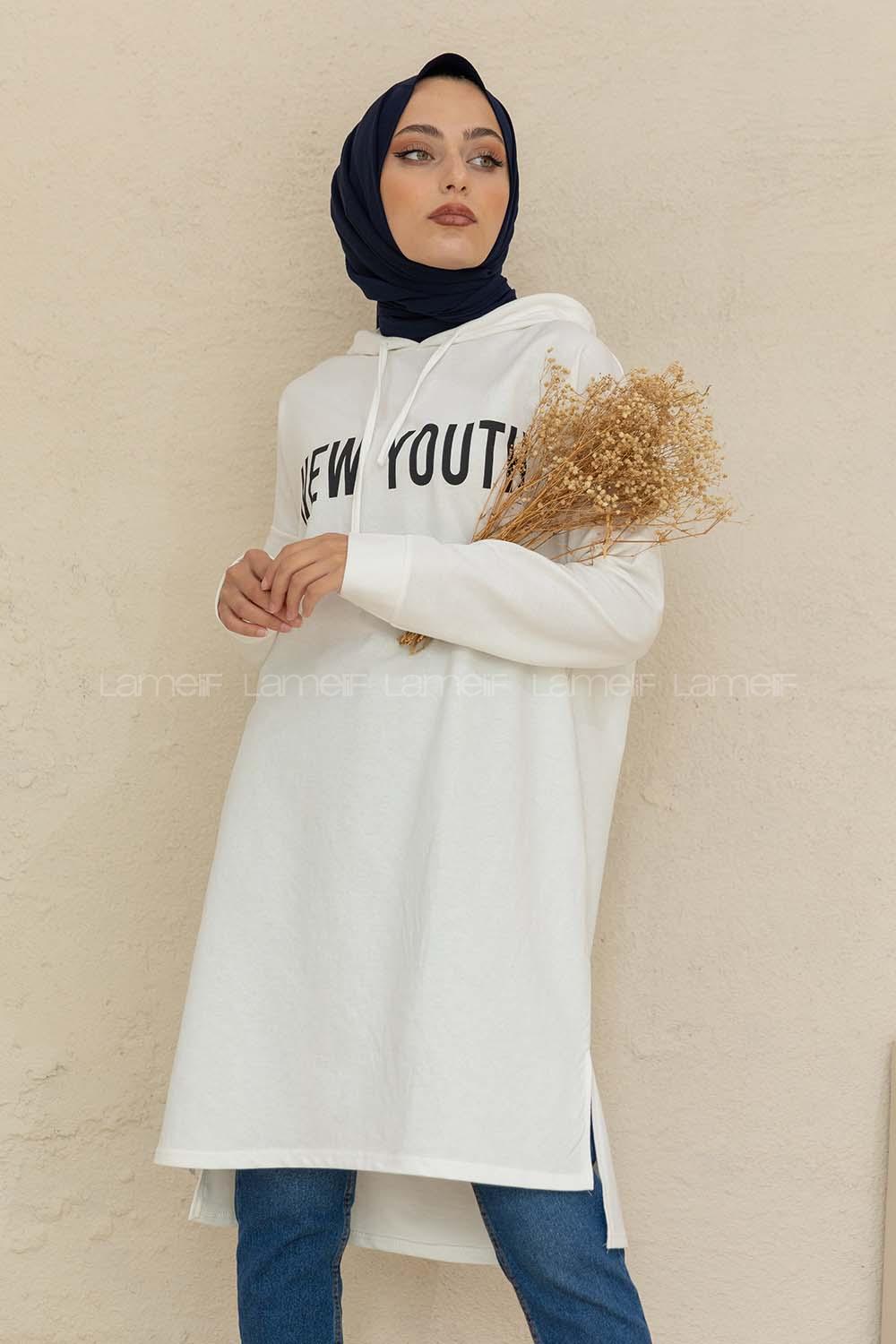 Modalamelif Yırtmaçlı New Youth Baskılı Tunik Beyaz