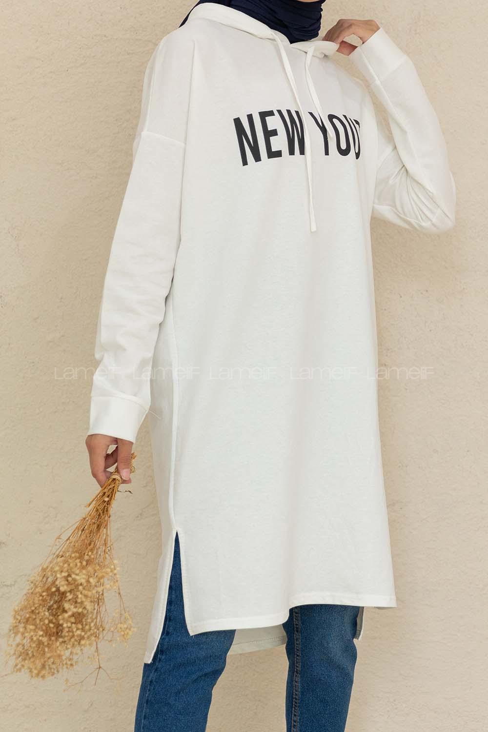 Modalamelif Yırtmaçlı New Youth Baskılı Tunik Beyaz