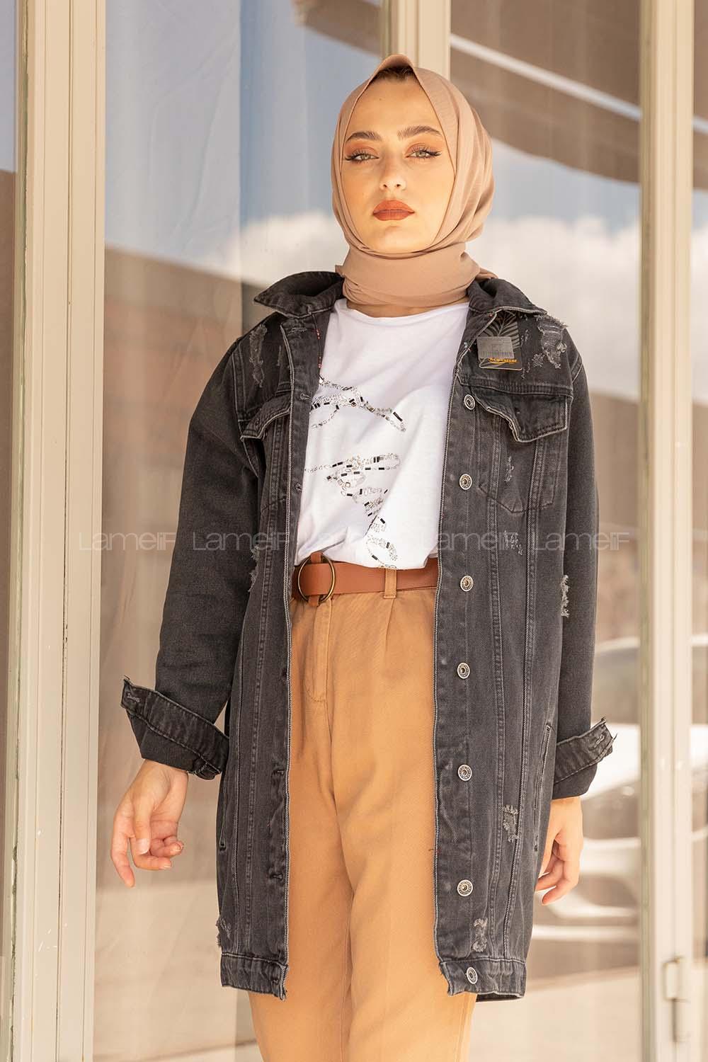 Modalamelif Çift Cepli Tırnaklı Kot Ceket  Siyah