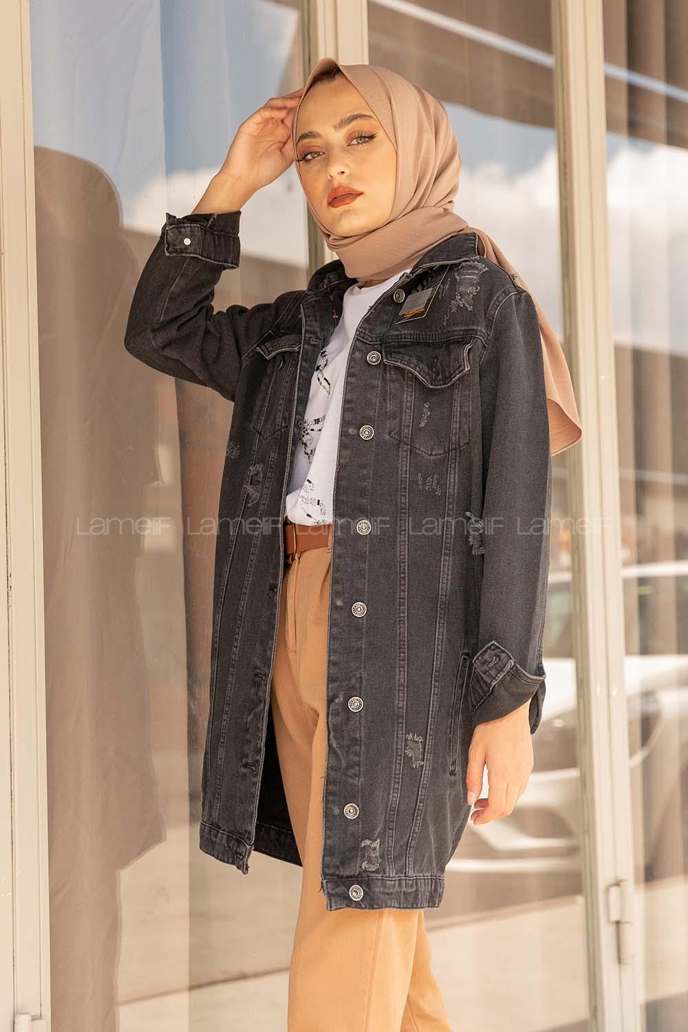 Modalamelif Çift Cepli Tırnaklı Kot Ceket  Siyah