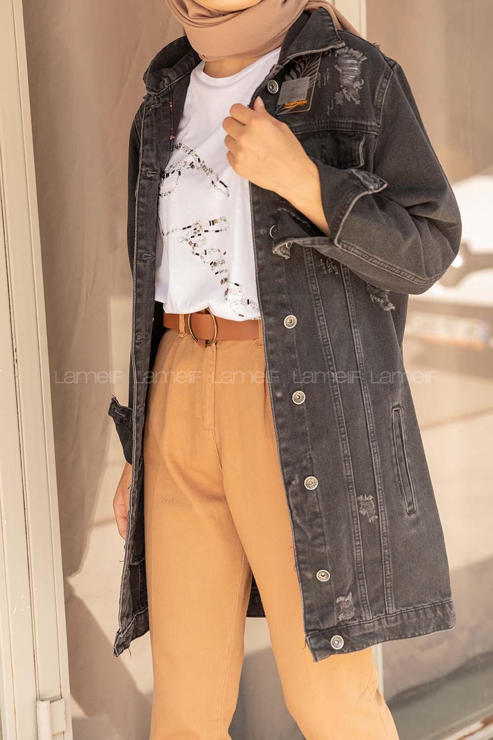 Modalamelif Çift Cepli Tırnaklı Kot Ceket  Siyah