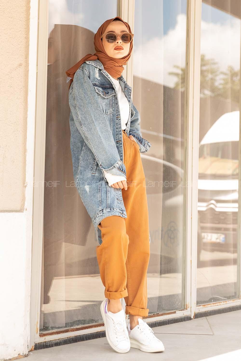 Modalamelif Çift Cepli Tırnaklı Yıkamalı Kot Ceket Buz Mavisi