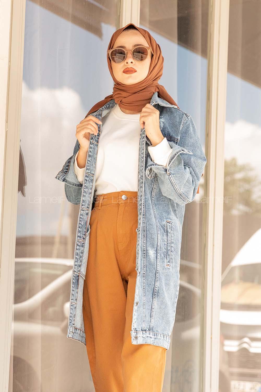 Modalamelif Çift Cepli Tırnaklı Yıkamalı Kot Ceket Buz Mavisi