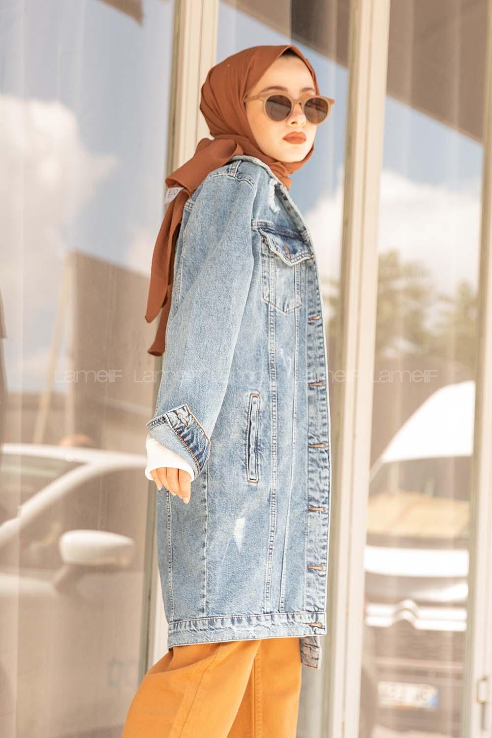 Modalamelif Çift Cepli Tırnaklı Yıkamalı Kot Ceket Buz Mavisi