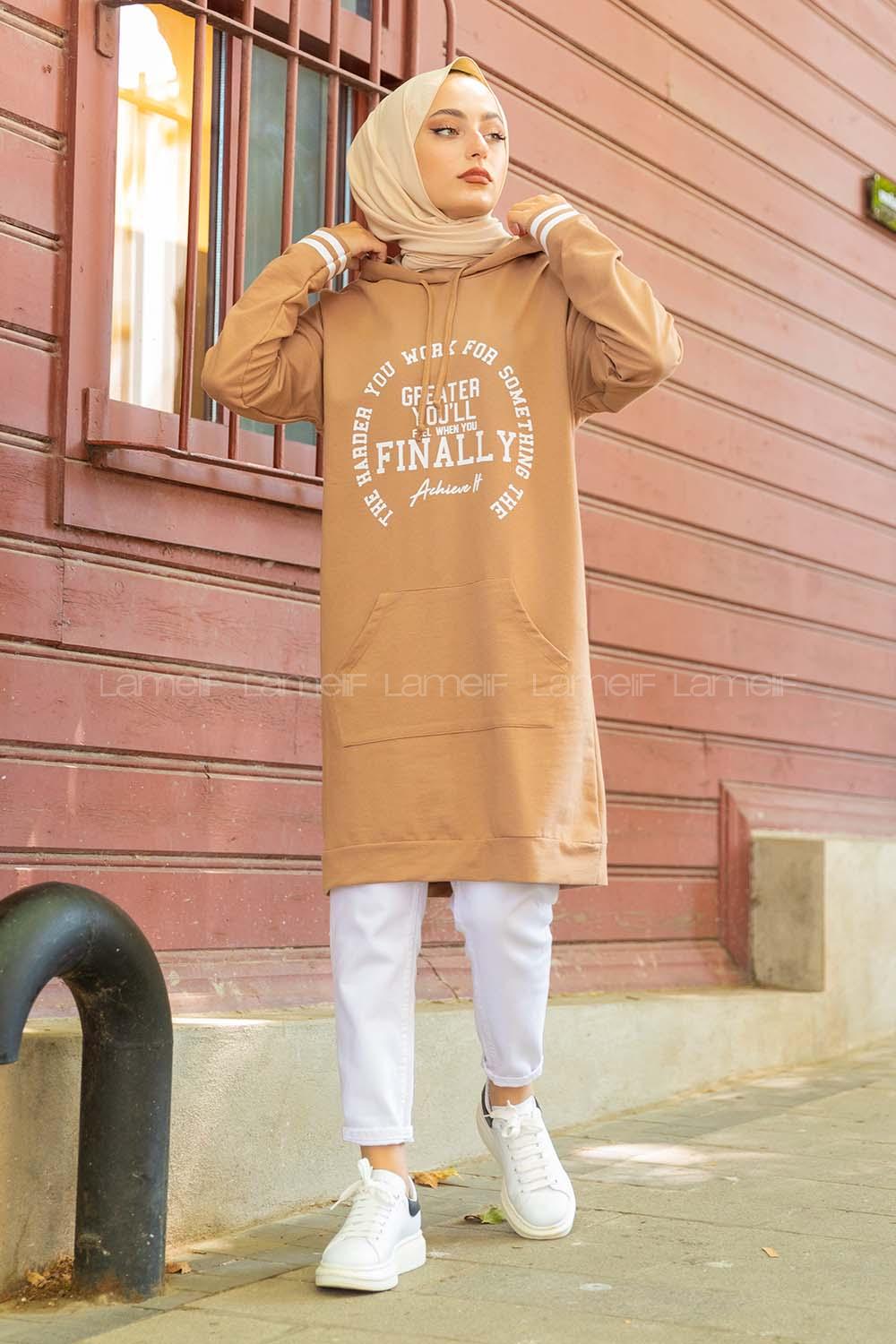 Modalamelif Greather Yazı Baskılı Sweat Tunik Sütlü Kahve