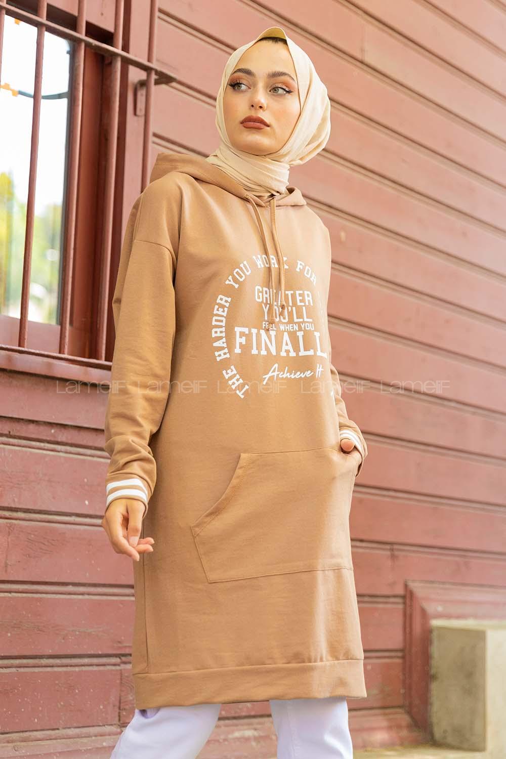 Modalamelif Greather Yazı Baskılı Sweat Tunik Sütlü Kahve