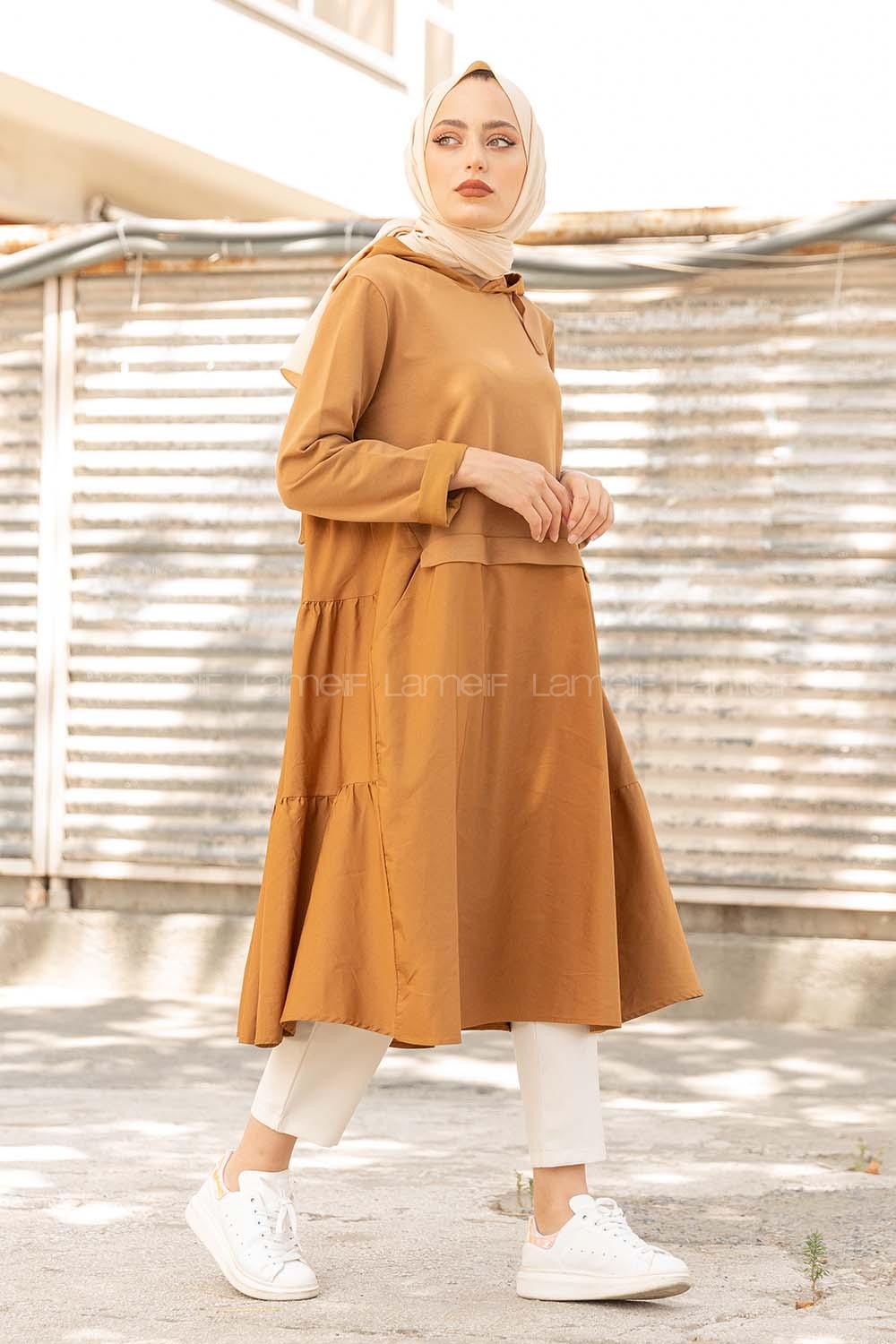 Modalamelif Kapşon Yaka Garnili Tunik Camel