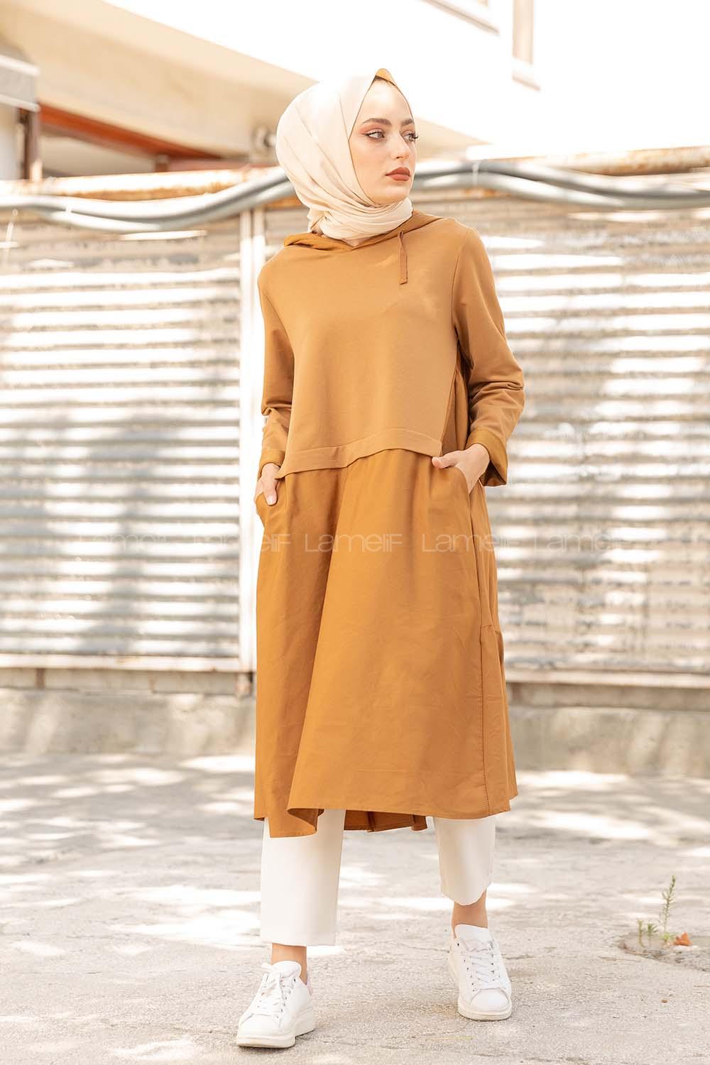Modalamelif Kapşon Yaka Garnili Tunik Camel